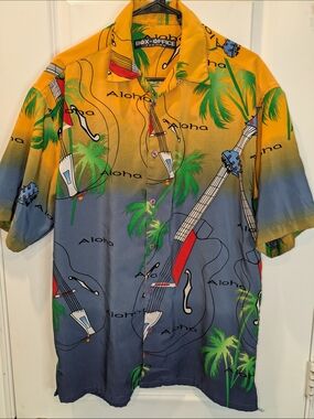 Box Office Island Aloha Hawaiian Shirt Guitar Palm Tree Button Front Men's M